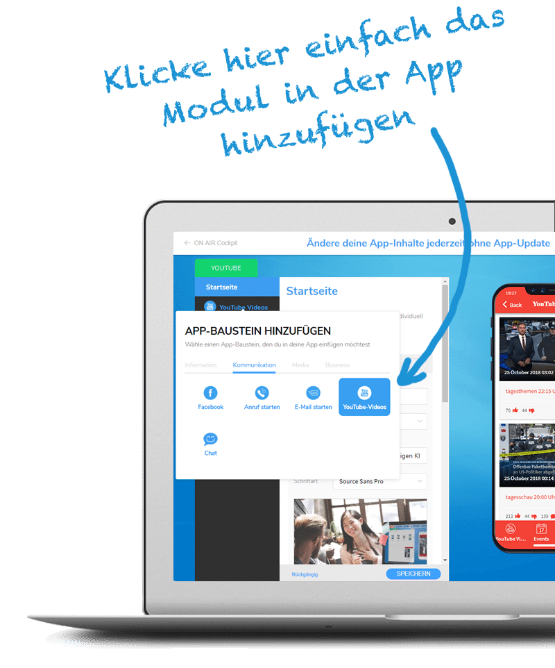 ON AIR Appbuilder - YouTube Kanal einfügen - Schritt 1